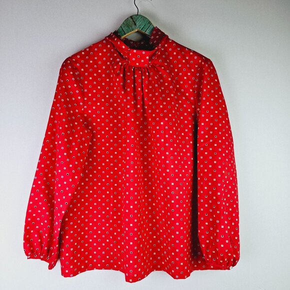 Lucky Me Tops - Vtg Lucky Me Loose Clergy Collar Neck Square Print Long Sleeve Silky Blouse, 38